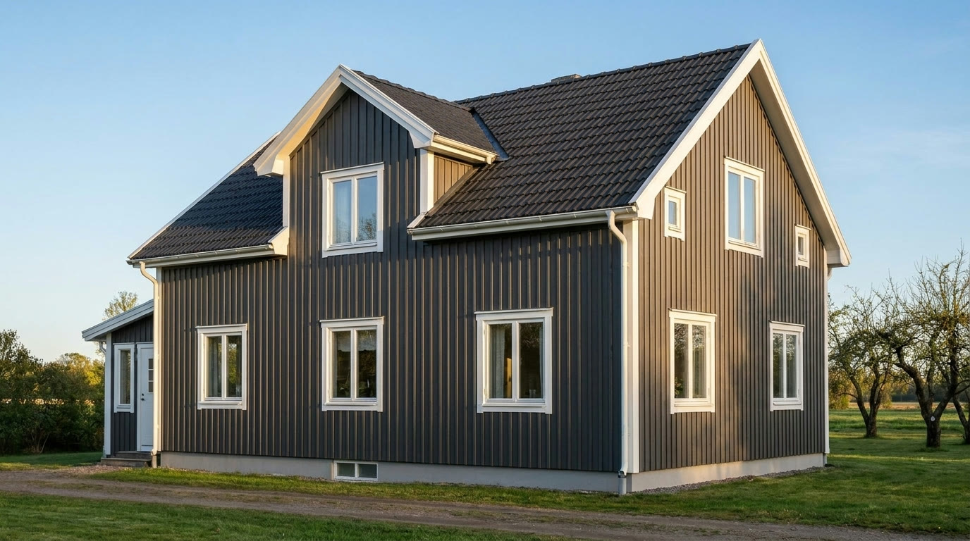 Villan efter ommålning, antracit fasad med vita knutar
