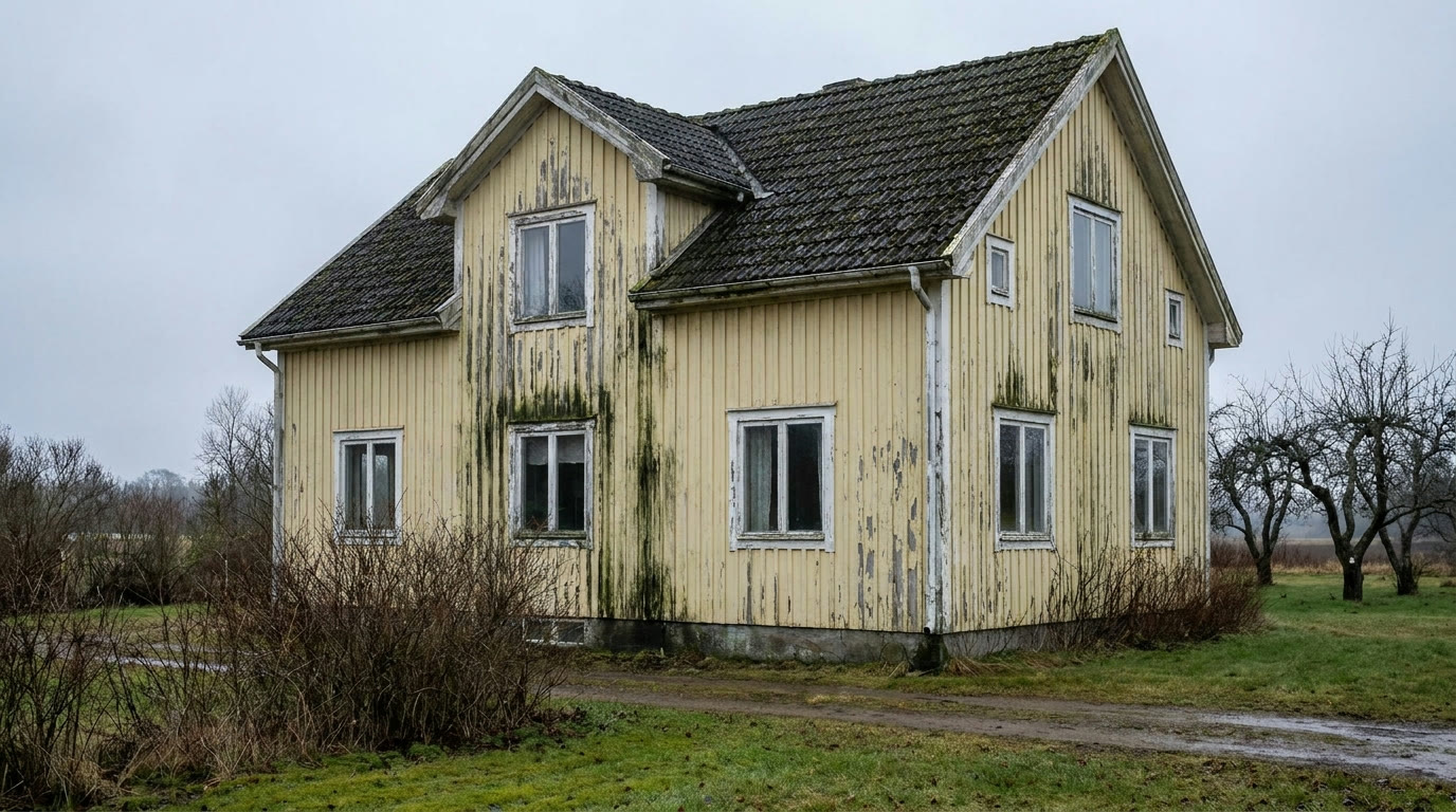 Samma villa före, med flagnande färg och mossigt tak